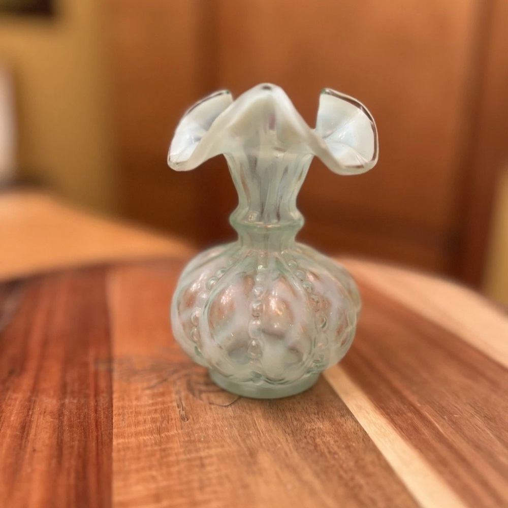 Vintage Fenton Blue Opalescent Melon Beaded Vase Signed George W. Fenton 4.75"